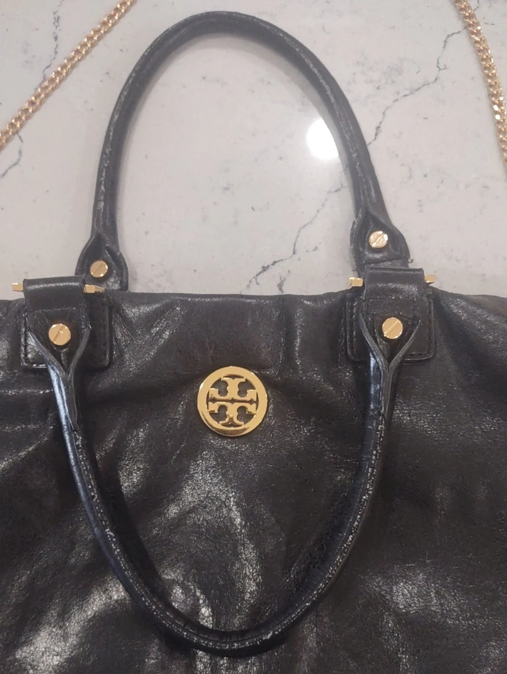 Tory Burch Black Leather Tote with Gold Tone Metal Chain Strap 